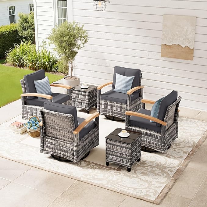 MEISSALIVVE 6 Pieces Patio Furniture Sets, Wicker Patio Conversation Sets with 4 Wood Armrests Swivel Glide Chairs，Outdoor Conversation Set for Deck Yard and Poolside (Grey)