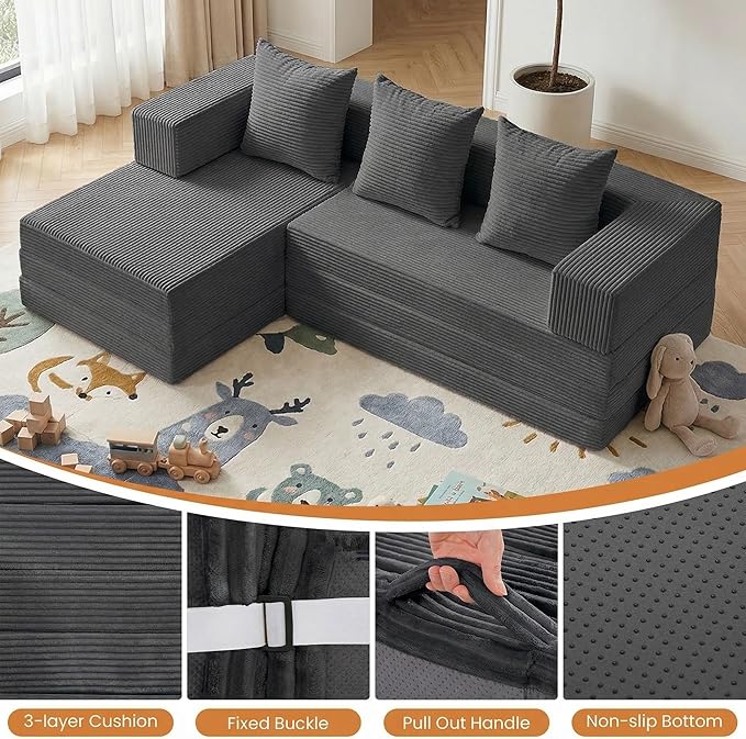 Modular Sectional Sofa, Boneless Convertible Oversized Sleeper Sofa Bed, Modern Tri-Folding Cloud Couch with L-Shape Chaise, Corduroy Futon Couches for Living Room Small Spaces Apartment,No Assembly