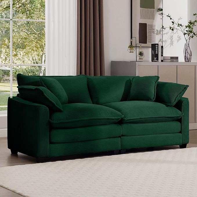 KEIKI 80" Oversized Corduroy Modular Sectional Loveseat Sofa with High-Density Foam Cushions, Removable Armrests, Upholstered Modern 2-Seater Fluffy Corner Couch with 4 Pillow, for Living Room, Green