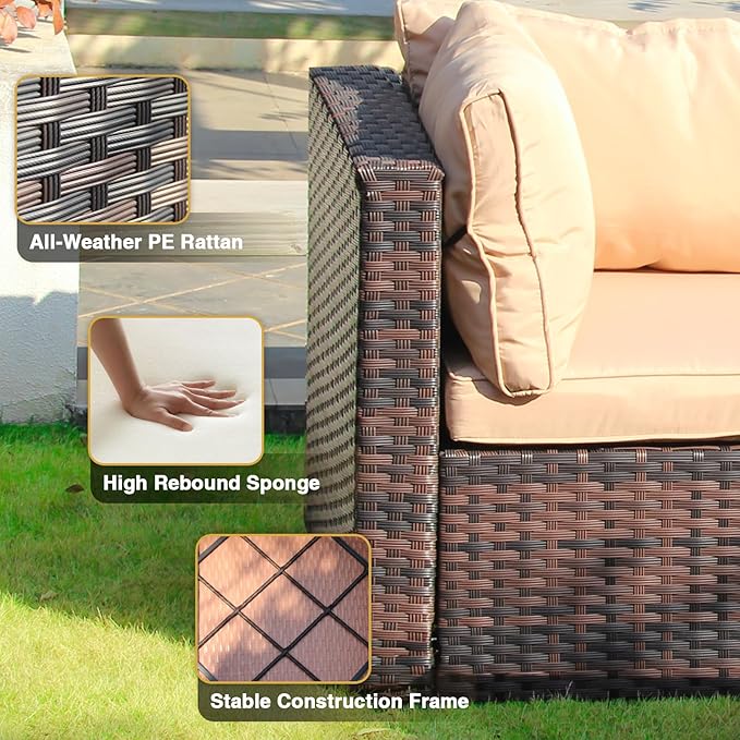11 Piece Patio Furniture Set All Weather PE Rattan Outdoor Sectional Sofa Couch with No-Slip Cushions and Glass Top Table for Garden, Poolside, Backyard (Beige)