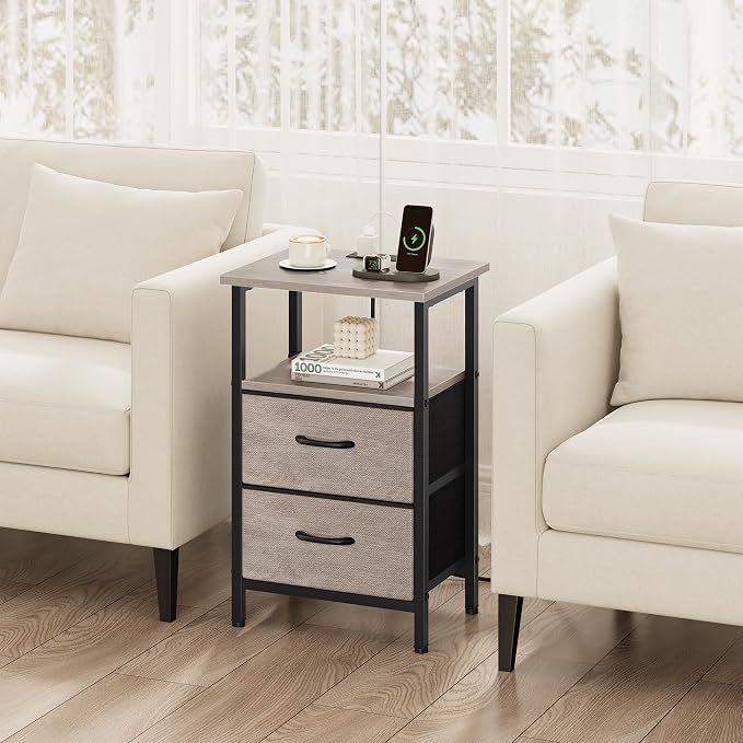 Vagusicc Night Stand Set 2, Nightstand with Charging Station, Bedside Tables with USB Ports and Outlets, 24.2" Tall End Table with Open Shelf, Bed Side Tables with 2 Fabric Drawers for Bedroom, Greige - Image 7