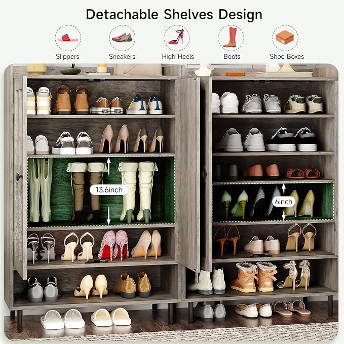 ONBRILL Shoe Cabinet with Cross Molding Doors, 6-Tier Shoe Storage Cabinet with 3 Adjustable Shelves and Metal Legs, 45'' Tall Shoes Rack Organizer Cabinet for Entryway, Front Door, Gray Wash - Image 4