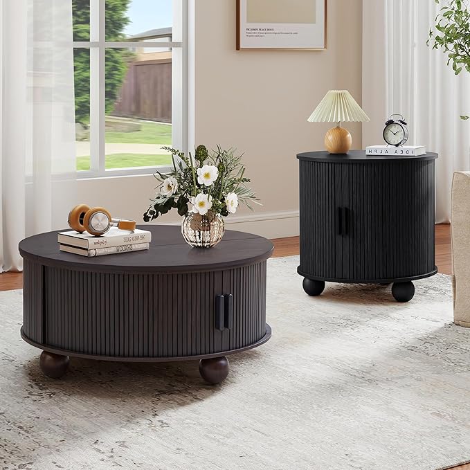 Round Lift Top Coffee Table with Hidden Storage, 33.5'' Mid-Century Modern Fluted Coffee Table with Sliding Tambour Door & Solid Wood Legs, Circle Center Table for Living Room, Small Space (Black)