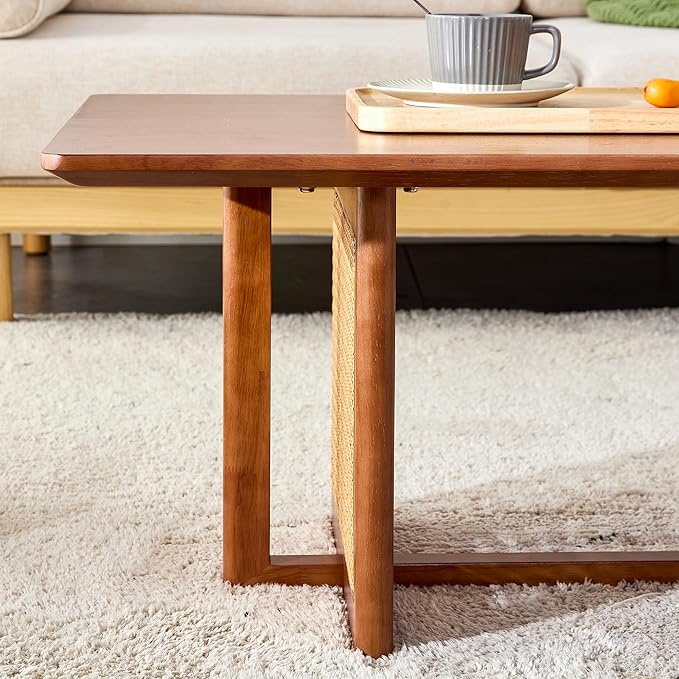 Mid Century Modern Wood Coffee Table with PE Rattan Stand, 47 Inch Rectangular Solid Wood Boho Coffe Table, Unique Center Cocktail Table for Livinig Room Apartment Office