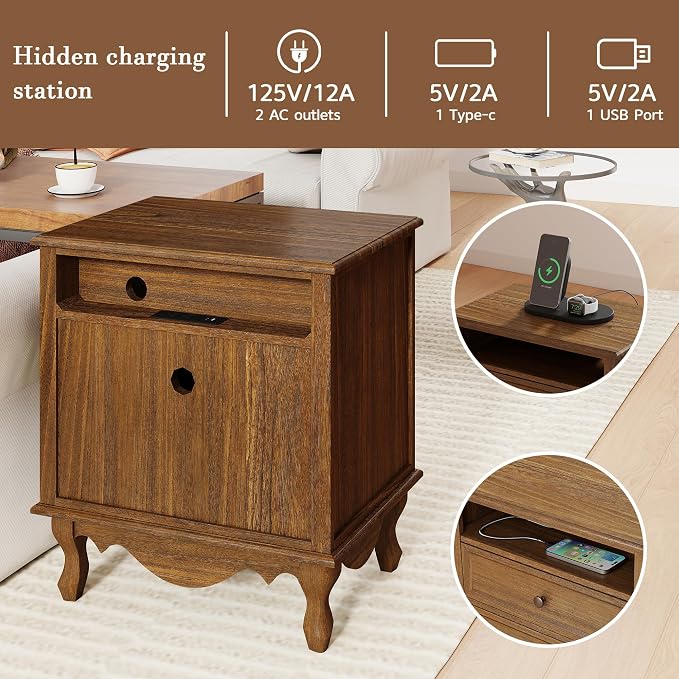 Solid Wood Nightstands Set of 2, Fully Assembled Night Stand with 2 Drawer & Open Shelf Storage, Bedside Table with Charging Station, Mid-Century Modern End Table for Bedroom, Walnut - Image 7