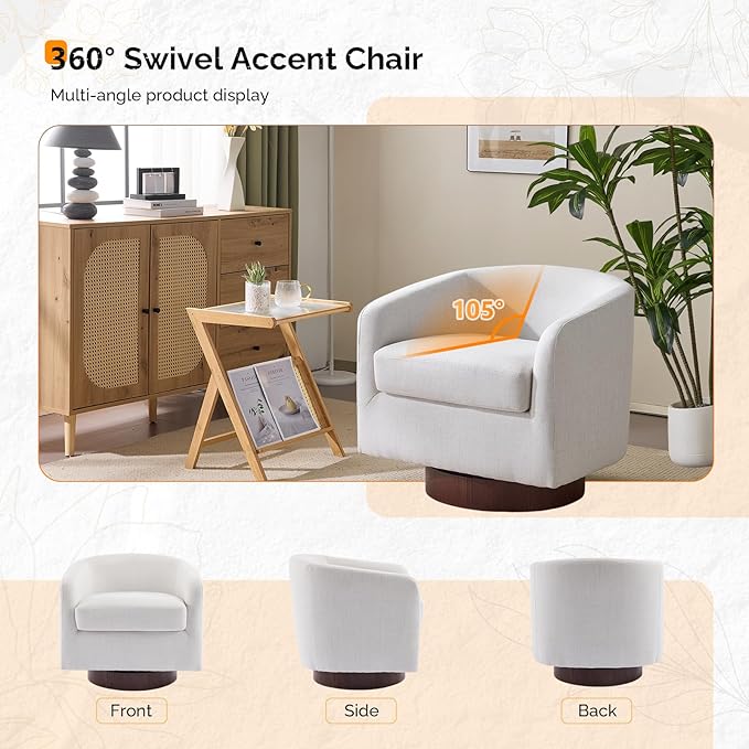 VINGLI 360°Swivel Accent Chair with Engineered Wood Base and Removable Cushion for Living Room, Bedroom, Curved Back Barrel Chair for Small Space, Upholstered Bucket Armchair, Linen Beige