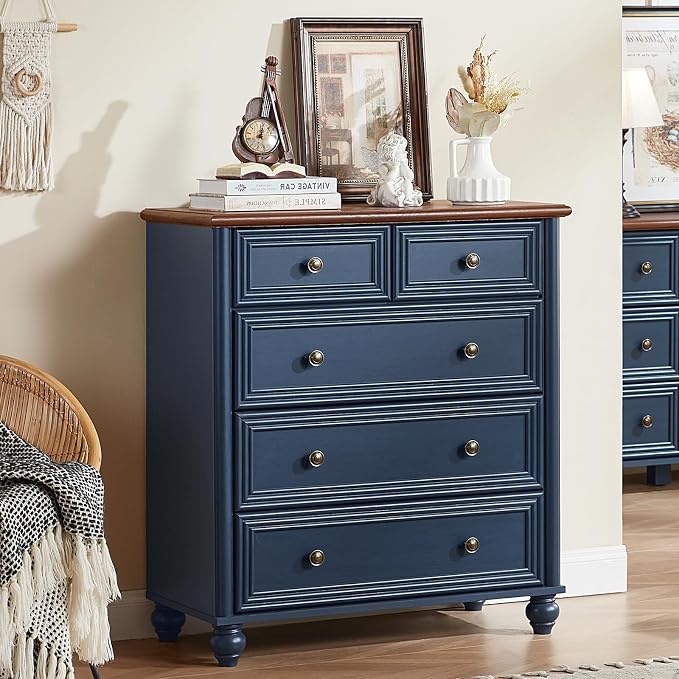 RWYHG Farmhouse 5 Drawer Dresser, Blue Rustic Chest of Drawers, 35.5" Tall Small Dressers for Bedroom with Roman Column and Metal Handles,Wood Storage Organizer for Living Room, Hallway, Closet by RWYHG