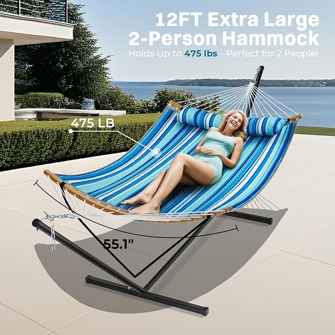 SUPERJARE Hammock with Stand, 2 Person Heavy Duty Hammock with Padded Cotton, Detachable Pillow & Strong Curved-Bar & Portable Carrying Bag, Perfect for Outdoor & Indoor, Blue Stripe - Image 2