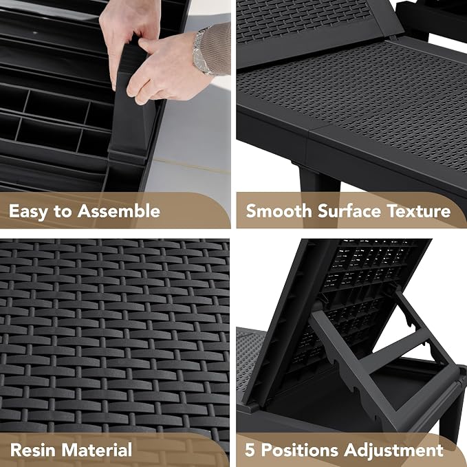 Devoko Outdoor Chaise Lounge Chair Set of 2 for Outside Pool Patio, Adjustable Waterproof Easy Assembly Chaise Lounge Outdoor (Black, Set of 2) - Image 4