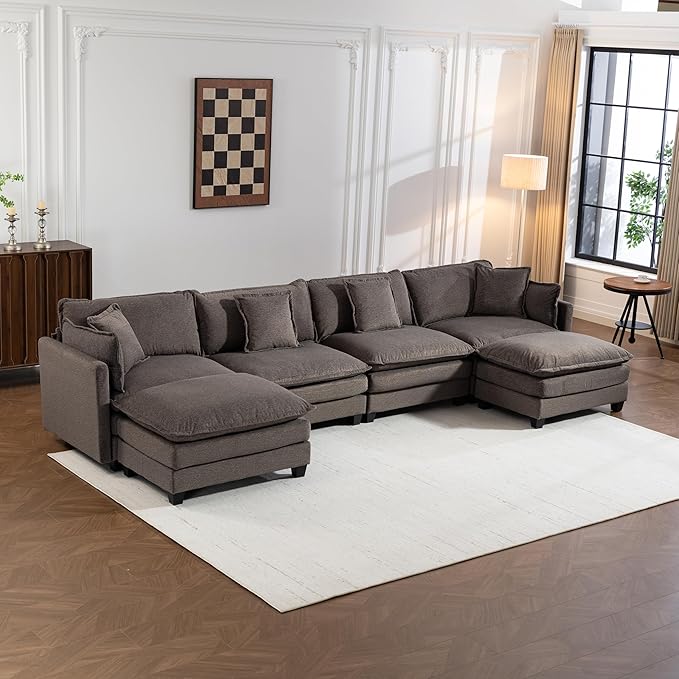 Eafurn 150" Oversized Modular Sectional Sofa with Movable Ottomans, 6 Seat Modern Corduroy Sofa Set, Convertible U/L Shaped Corner Couch for Living Room Apartment