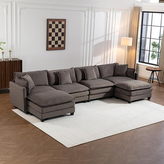 Eafurn 150" Oversized Modular Sectional Sofa with Movable Ottomans, 6 Seat Modern Corduroy Sofa Set, Convertible U/L Shaped Corner Couch for Living Room Apartment