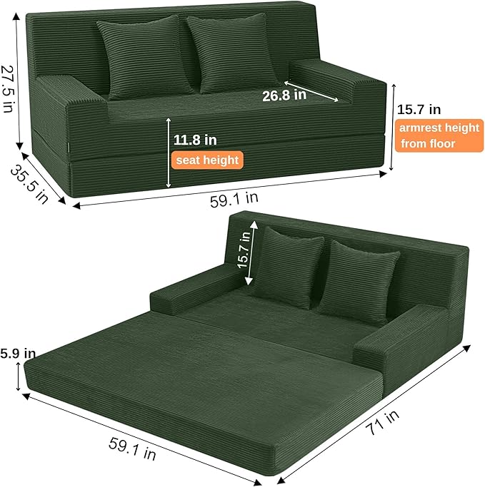 MeMoreCool Boneless Loveseat Sofa Bed – Dark Green Corduroy Convertible Futon Couch, Foldable Floor Sleeper with Foam & Pillow, Washable Cover for Bedroom, Apartment, Small Living Room