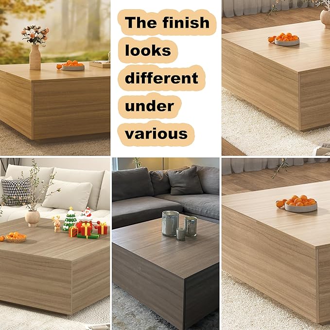 43 Inch Large Square Coffee Table with Storage,Modern Wooden Coffee Table with 2 Drawers Storage for Living Room,Mid Century Tea Table/Aesthetic Coffee Tables Center Table for Home Office(Oak)