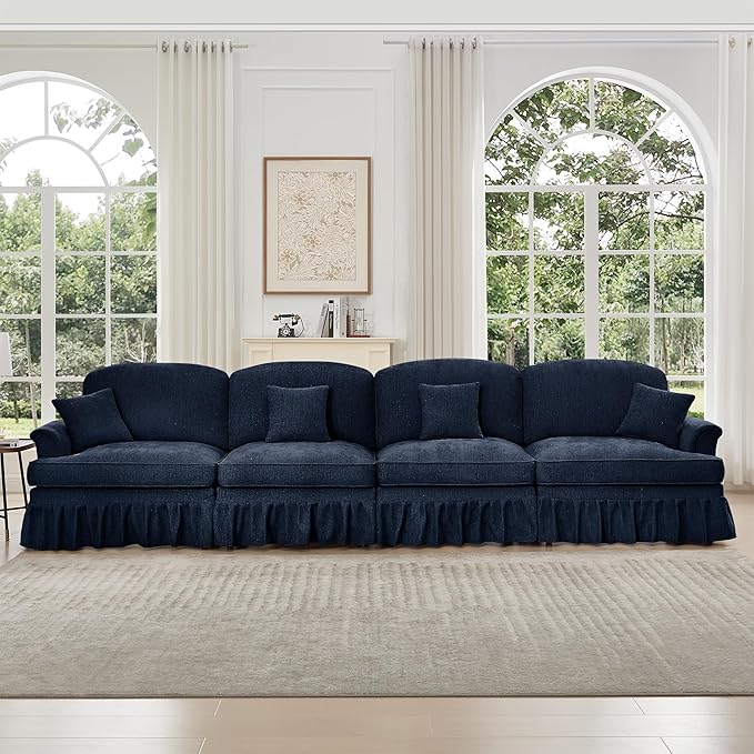 KEIKI Mid Century Modular Sofa with Flared Arms and Skirted Design, 137“ Oversized 4-Seater Luxury Chenille Sectional Couches for Living Room, Big Comfortable Couch Bedroom Furniture, Blue