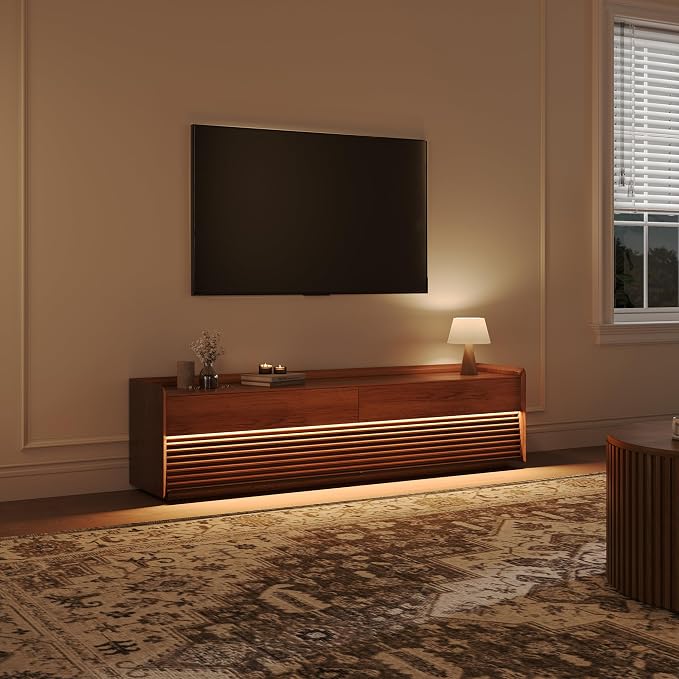 POVISON Fully-Assembled Mid Century Modern TV Stand, 70.87" Wood Media Console with Adjustable LED Light, Entertainment Center with Storage for Living Room - Image 3