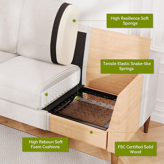 88" Loveseat Sofa, Comfy White Corduroy Couches for Living Room, Modern Oversized Love Seat Sofa, Tool-Free Setup Large Couches for Bedroom Office