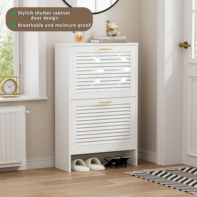 Shoe Cabinet Storage, Hidden Shoe Organizer, Modern Freestanding Organizer with 2 Flip Drawers Louvered Shoe Cabinet for Entryway (White, 2 Drawers) - Image 8