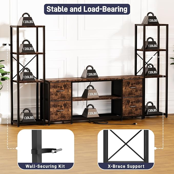LED TV Stand Bookshelf Combo with Charging Station for 65 60 55 Inch TV, Entertainment Center with Lights & Drawers, Industrial Media TV Console Table for Living Room Bedroom Office, Rustic Brown - Image 5