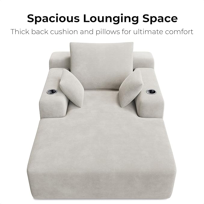 LIKIMIO 71.6" Oversized Chaise Lounge Chair Indoor with Cup Holders & Storage - Corduroy Sofa Bed for Living Room, Reading Nook, or Bedroom, No Assembly Cloud Couch (Greige) | Chaise Lounge Indoor, OEKO‑TEX corduroy, Cup holders|storage, CertiPUR‑US fo...