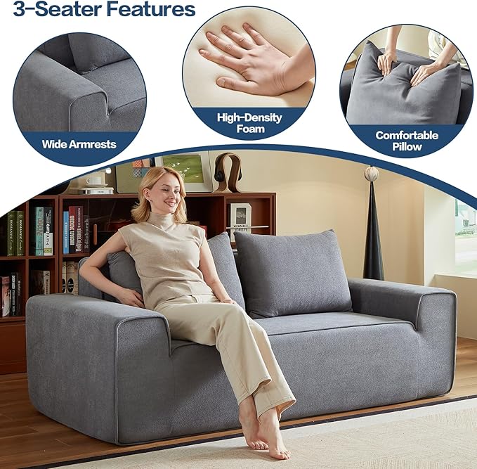 76" Memory Foam Couch 3 Seater, Boneless Couh with Deep Seat, Small Cloud Sofa for Living Room, Office, No Assembly Required Sofa (Grey, Velvet)