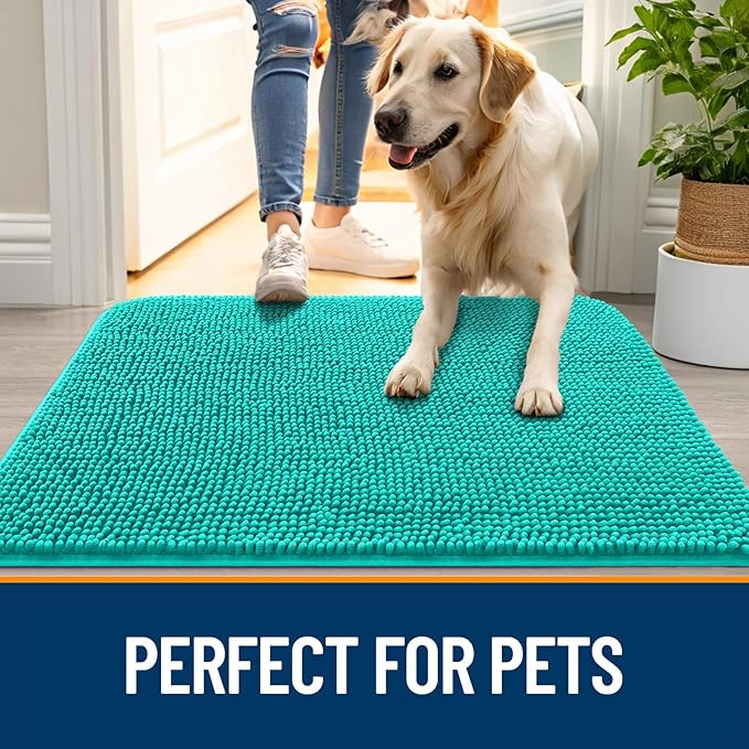 OLANLY Dog Door Mat for Muddy Paws 59x35, Absorbs Moisture and Dirt, Absorbent Non-Slip Washable Doormat, Quick Dry Chenille Mud Mat for Dogs, Entry Indoor Entryway Carpet for Inside Floor, Teal - Image 6