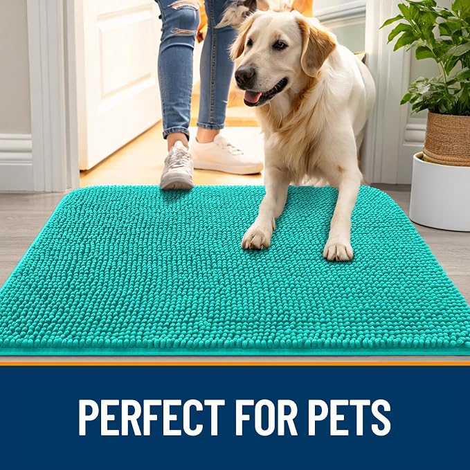 OLANLY Dog Door Mat for Muddy Paws 59x24, Absorbs Moisture and Dirt, Absorbent Non-Slip Washable Doormat, Quick Dry Chenille Mud Mat for Dogs, Entry Indoor Entryway Carpet for Inside Floor, Teal - Image 6