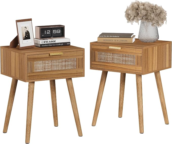 LAZZO Set of 2 Bedroom Nightstands Wooden Night Stands with Rattan Weaving Drawer Home Bedside End Table for Bedroom Storage by LAZZO