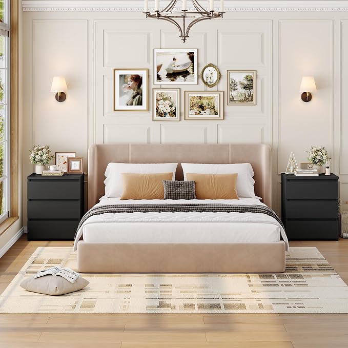 FOTOSOK Nightstand Set of 2 Black Nightstand with 3 Drawers, Black Bedside Table Night Stand for Bedroom with Cut-Out Handle, Sofa Side Table 3 Drawer Nightstand for Bedroom, 17.7W*15D*21.7H - Image 2