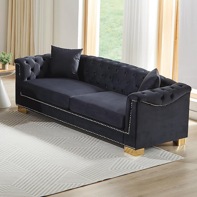 KEIKI 84" Chesterfield Sofa, Upholstered 3 Seat Couch with Rolled Arm for Living Room, Bedroom, Office, Black