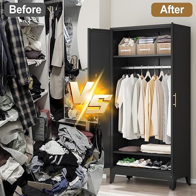 Metal Armoire Wardrobe Closet Storage Cabinet with 2 Doors Black, 71'' Wardrobe Cabinet with Hanging Rod Metal Closet with 2 Adjustable Shelves for Bedroom, Laundry Room, Cloak Room