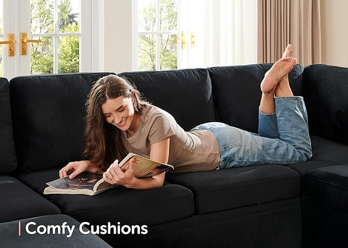 HONBAY Modular Sectional Couch with Storage, Velvet U-Shaped Sectional Sofa with Storage Ottoman Convertible U-Shaped Sofa for Living Room, Black