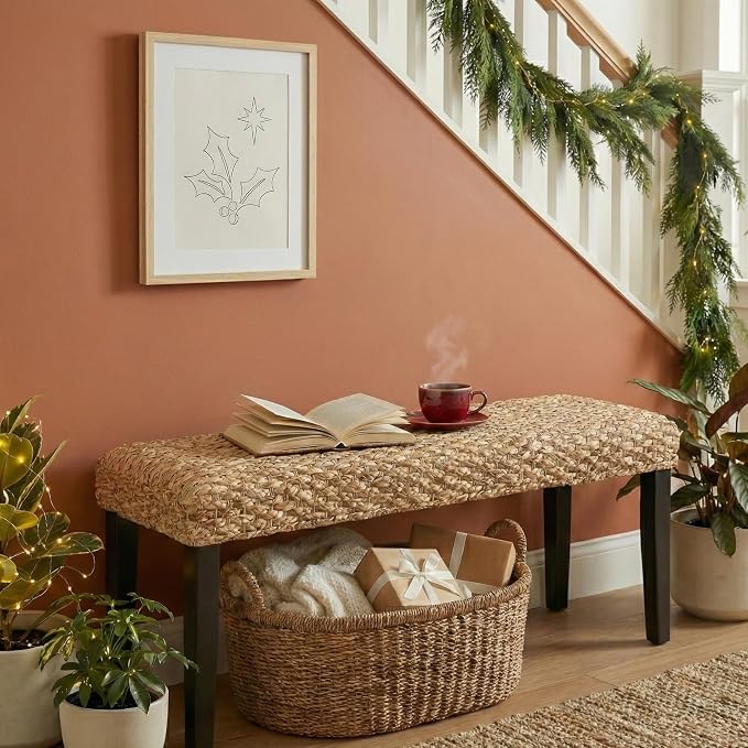 Solid Wood Acacia Indoor Bench with Natural Woven Seat, Boho Bench Entryway, Wood Bench for Living Room, Wooden Bench for Bedroom, Farmhouse Entryway Bench, Dining Benches (Black, Water Hyacinth) - Image 8