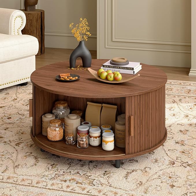 31.5 Inch Round Coffee Table, Mid-Century Modern Coffee Table wtih Storage, Fluted Coffee Table with Adjustable Footpads, 360° Rotating Sliding Door, Center Table for Living Room (Walnut)