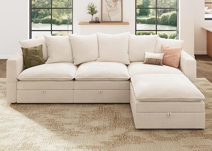 HONBAY Modular Sectional Sofa, 105.5 Inch Corduroy Sectional Couch, 4 Seaters L Shaped Sofa with Storage & Pillows for Living Room, Beige