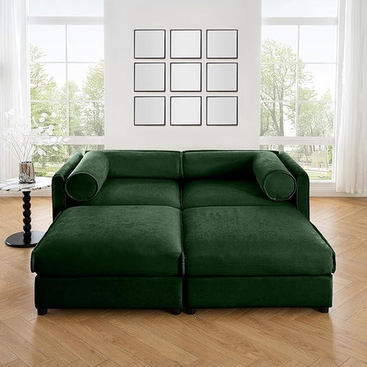 KEIKI 76" Modular Loveseat Chenille Sectional Sofa with Storage Seat and 2 Ottoman, 2-Seater Couch with Cylindrical Backrest and Armrests, Easy Assembly, for Apartment, Living Room, Green