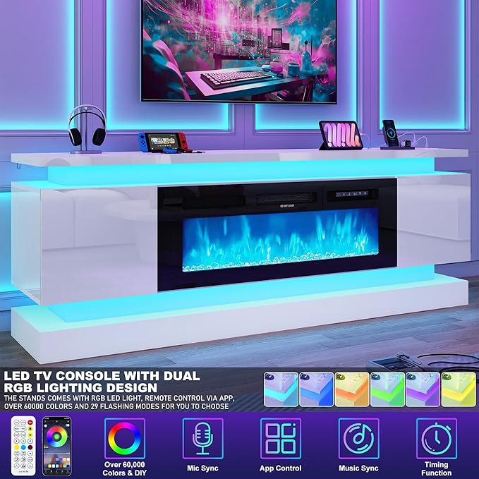 chartustriable 71IN LED TV Stands w/40 inch Fireplace Power Outlet for 85/80/75 Inch TVs,High Glossy Modern TV Media Console Gaming with 2 Storage Cabinets,Dual LED Lights,White - Image 6