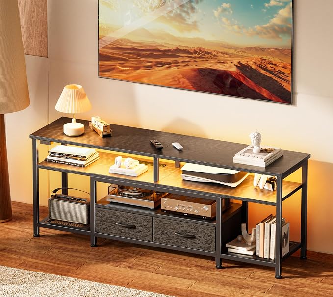 Huuger TV Stand for 55 60 Inch TV, Entertainment Center with Power Outlets and LED Lights, 54 Inch TV Console for Living Room, Media Console with Drawers and Shelves, Black by Huuger