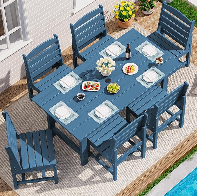 SERWALL Patio Dining Sets for 6 Person, HDPE Dining Set with 6 Armless Chairs, Blue by SERWALL
