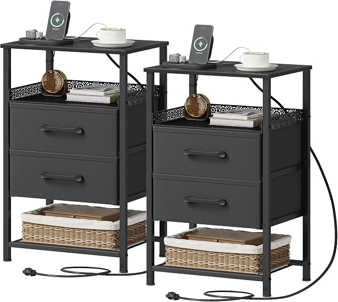 JARHETUN Nightstand Set of 2, Night Stands with Charging Station, 26.4 Inch Tall Bedside Table with Metal Shelf, Side Table with 2 Fabirc Drawers for Bedroom, Black by JARHETUN