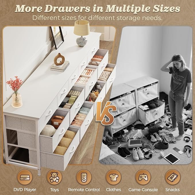 Huuger 70 Inch White Dresser for Bedroom, TV Stand for 65, 75, 80 Inch TV, 13 Fabric Drawer Long Dresser, Wide Chest of Drawer, Storage Units for Bedroom - Image 7