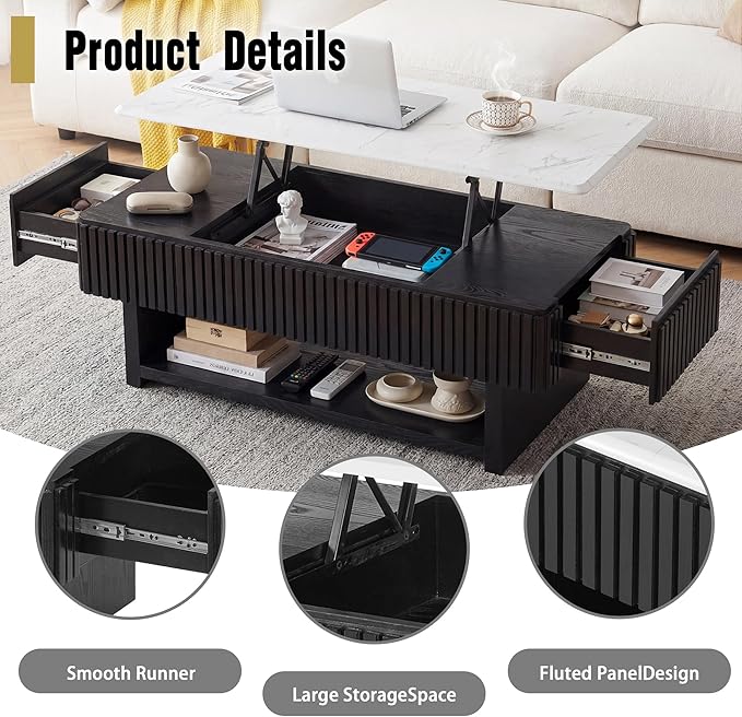 47.4" Rectangle Lift Top Coffee Table with Drawer & Hidden Storage, Modern Fluted Coffee Table with Marble-Pattern Top & Solid Wood Strips, Center Table for Living Room Apartment,Black & White