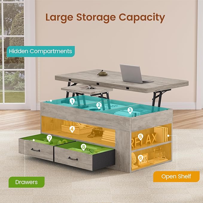 Itaar Lift Top Coffee Table, 4 in 1 Coffee Tables with Storage and Hidden Compartment, Farmhouse Coffee Table with 2 Fabric Drawers & LED Light for Living Room, Grey Oak