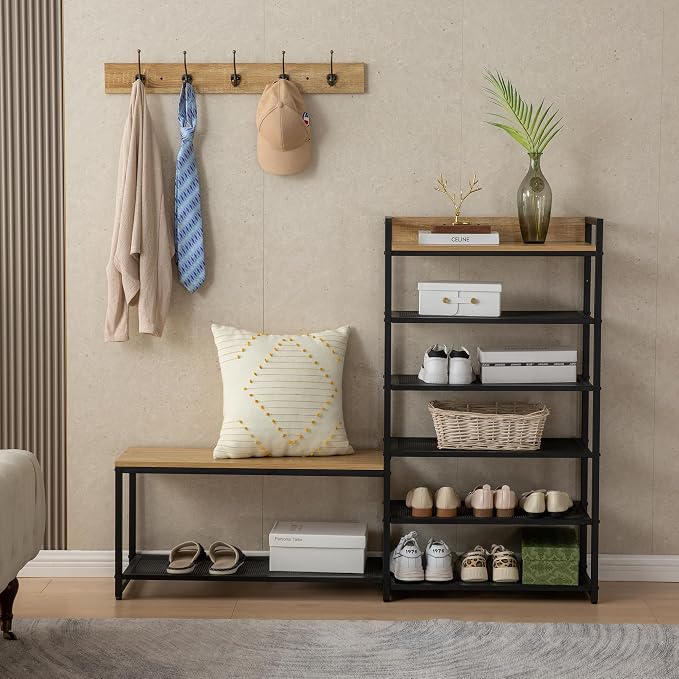 SUNTAGE 6-Tier Coat Rack Shoe Bench Set, Entryway Bench with 6 Hooks Coat Rack, Hall Tree and Shoe Storage for Entryway, Hallway, Garage, Bedroom (Vintage Oak) - Image 8