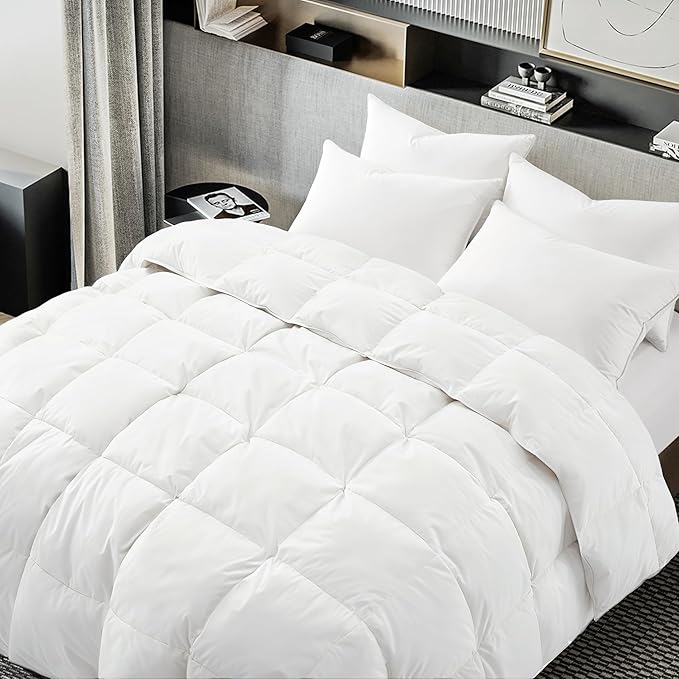 Goose Feather Down Comforter Twin Size, White 100% Cotton Duvet Insert, All Season Hotel Bedding Fluffy Cotton Comforter with Corner Tabs (White, Twin)