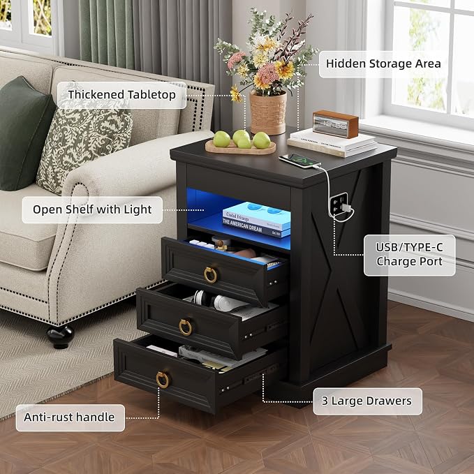Farmhouse Nightstand Set 2 with Gun Drawer,Bedside Table with Charging Station and Human Body Senor,3 LED Lights Night Stand with 3 Drawers and Open Shelf,End Side Table for Bedroom(Black) - Image 6