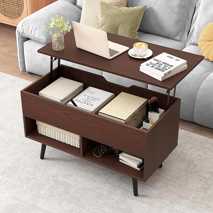 Giantex Lift Top Coffee Table, Modern Cocktail Table w/Hidden Compartment & 2 Open Shelves, Flip Top Center Table, Wooden Pull up Coffee Table for Living Room, Reception Room, Office (Walnut)