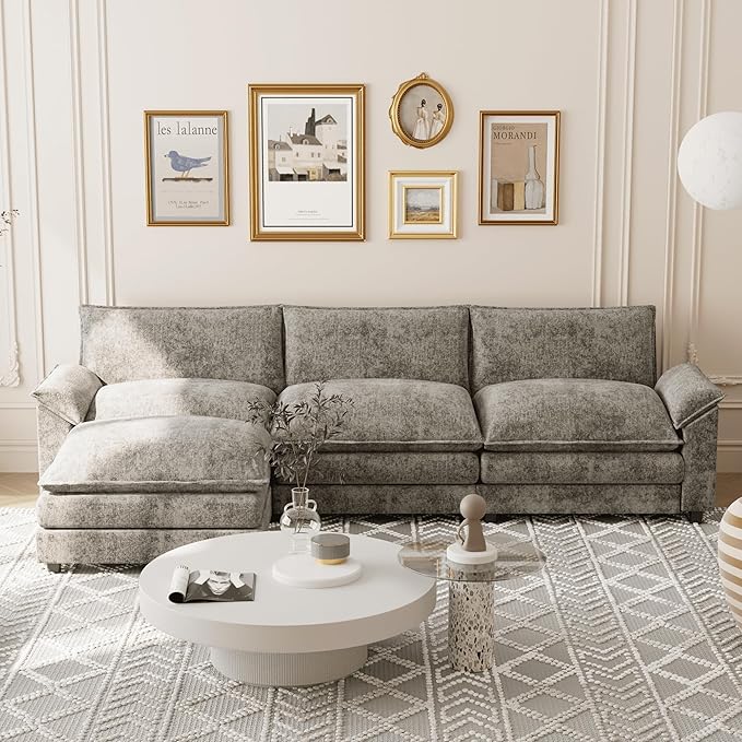Shahoo Sectional Modular Sofa L Shaped Chenille Fabric Couch with High Supportive & Soft Sponges and Removable Ottoman, Sleeper Comfy Upholstered Furniture for Living Room, Grey