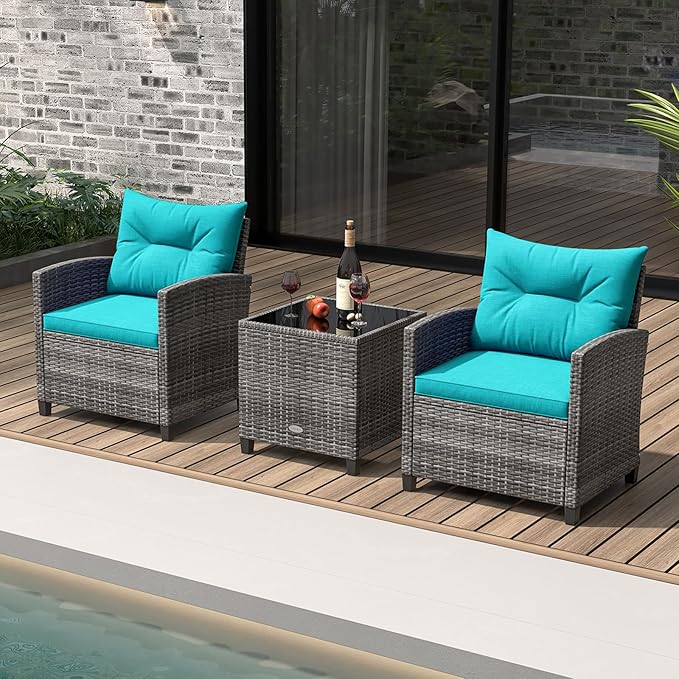 KOTEK 3 Piece Patio Furniture Set, Outdoor PE Rattan Conversation Set with Washable Cushions & Tempered Glass Tabletop, Wicker Chairs and Table Set for Porch, Garden, Balcony (Turquoise)