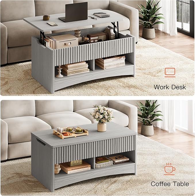 Amada Lift Top Coffee Table with Living Room, Modern Fluted Coffee Table with Drawers & Hidden Compartment, Coffee Tables for Living Room, Small Spaces, Grey
