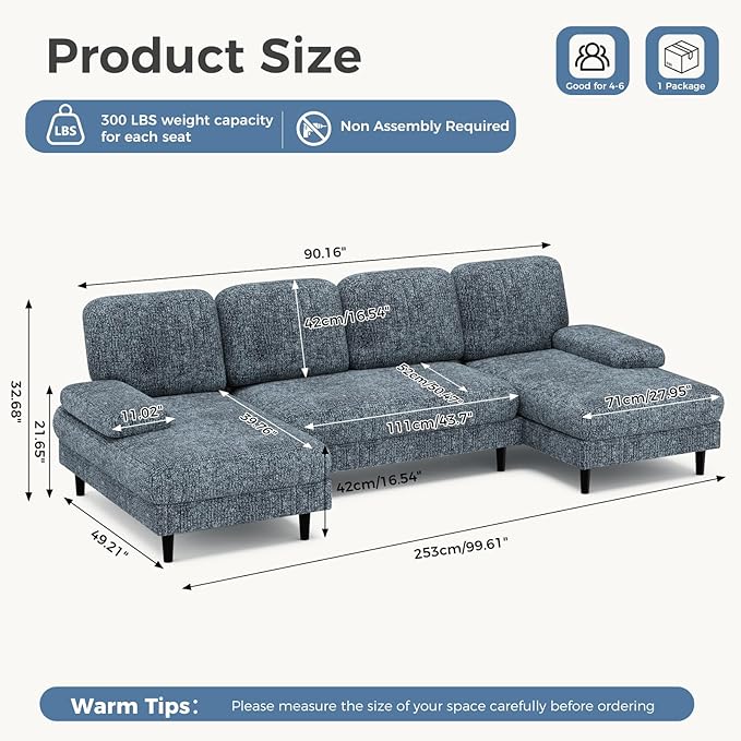 DUMOS Sectional Couches for Living Room, U Shaped Couch with Double Chaise Lounge, Modern Chenille Fabric 4-Seat Couch with Removable Pillows for Apartment/Small Space, Dark Grey
